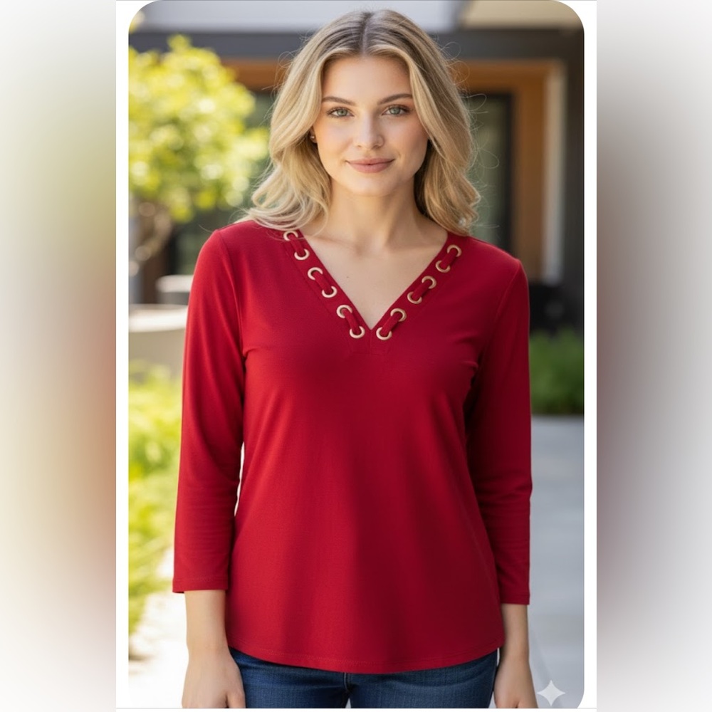 Michael Kors Stretch Red Blouse with Gold Eyelets 3/4 Sleeve Size S